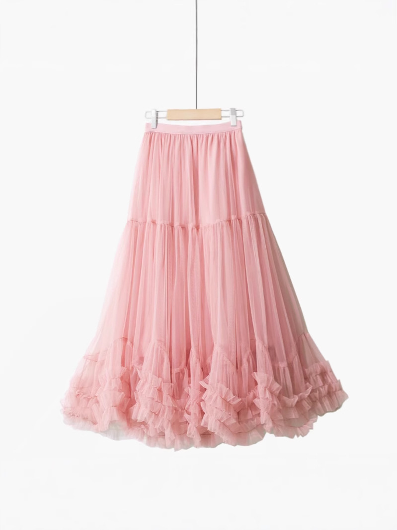 Autumn Heavy Industry Fungus Edge Splicing Large Hem Tutu Skirt High Waist A-Line Fairy Elegant Cake Skirt Mesh Skirt
