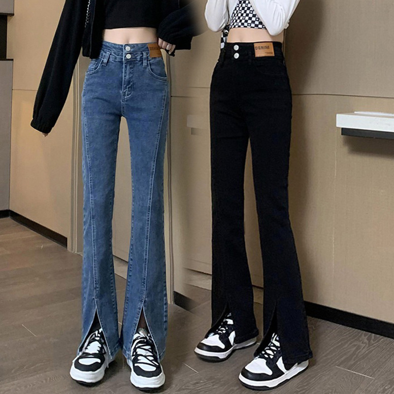 Black Split Jeans Women's Summer 2024 New Fashionable High Waist Tight Slim Slim Mop Micro Horn Pants