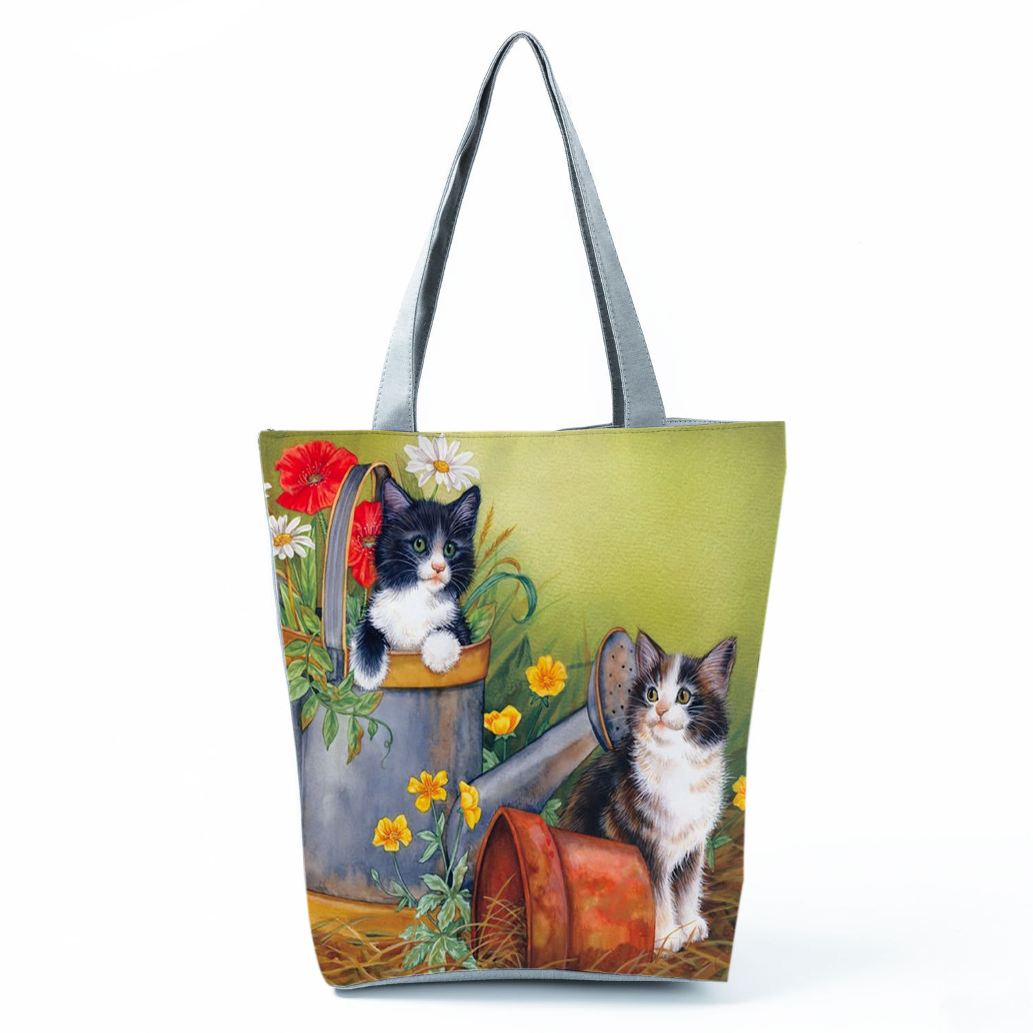 Picture of New cute flower cat printed shoulder bag portable travel storage bag large capacity outdoor tote bag