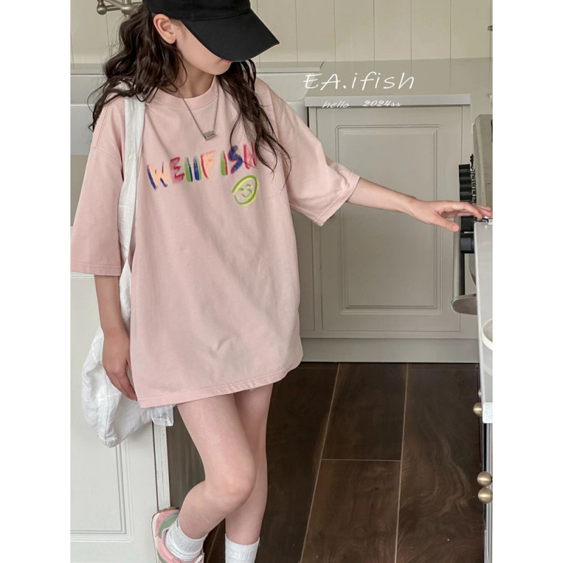 [neckline edging] girls half sleeve top summer 2025 new fashion summer clothes children's short sleeve T-shirt