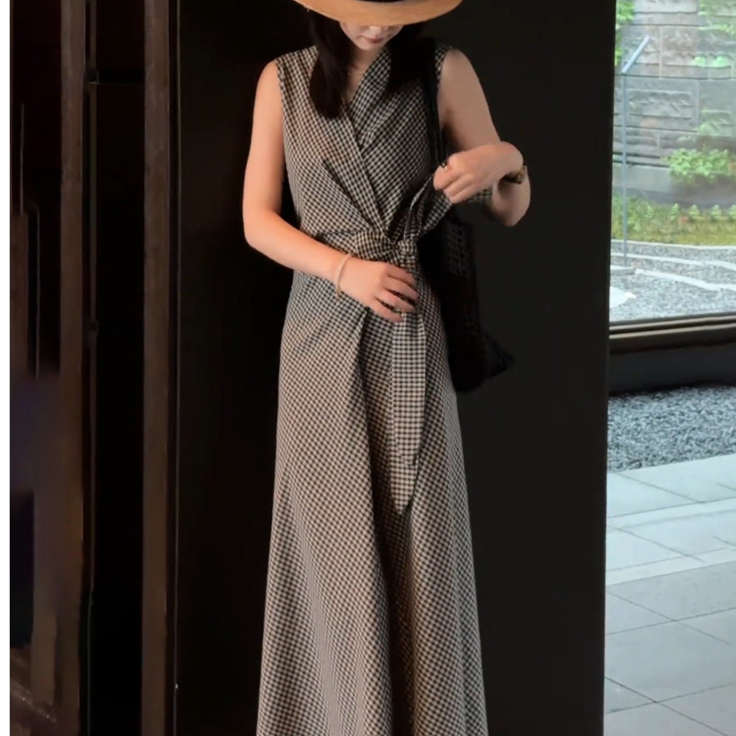 French Lace-Up Waist Plaid Vest Dress Women's Summer New Style This Year's Popular Black and Blue Skirt Long Skirt