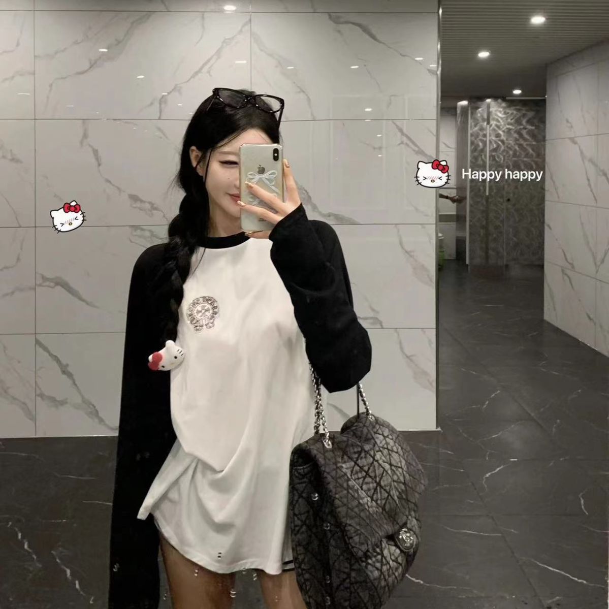 2023 early autumn new niche design raglan sleeve Phantom Sanskrit cross hot rhinestone long T casual temperament top
