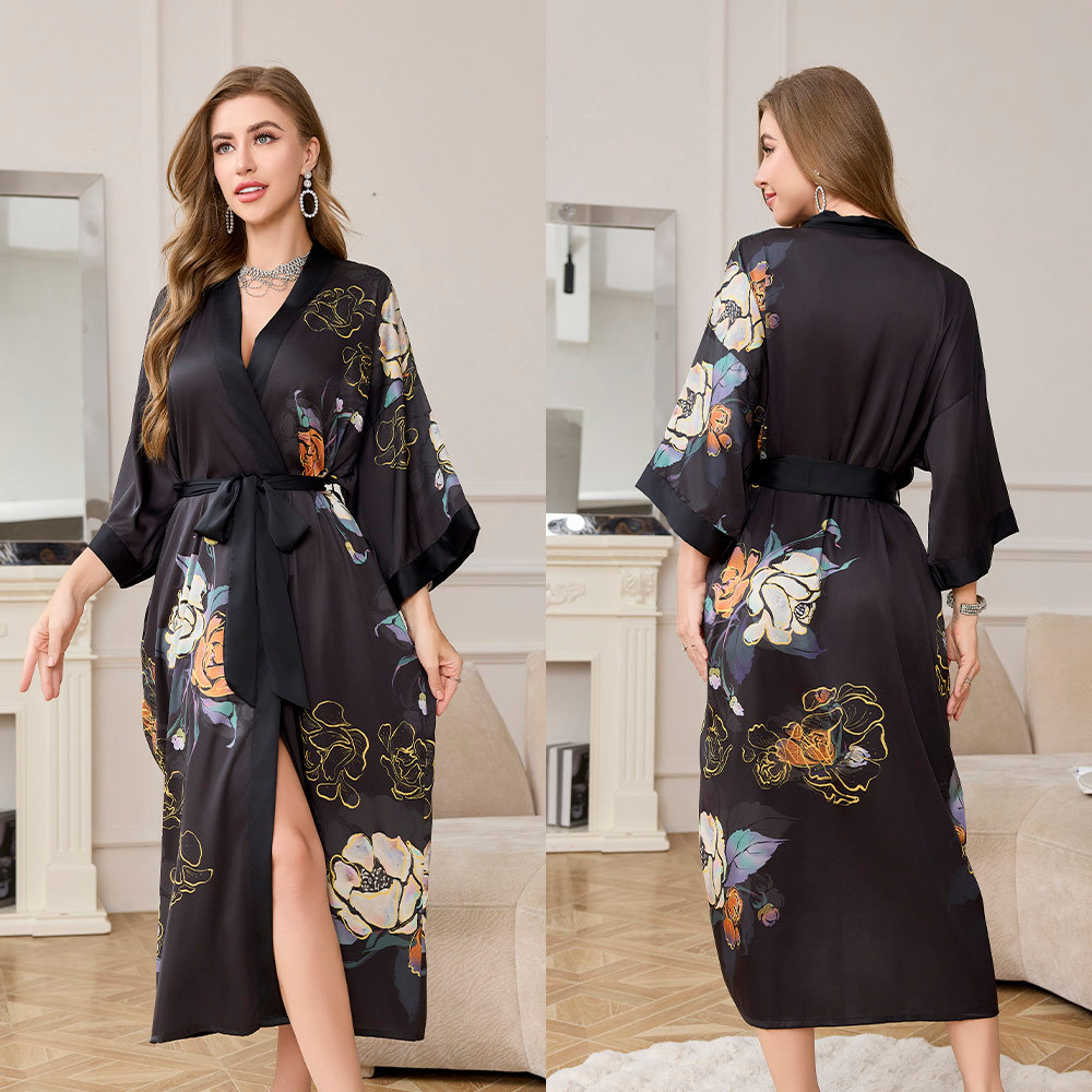 Picture of Yaoting Satin Printed Pajamas for Women Summer Large Size Accessible Luxury Three-Quarter Sleeves Cool Long Nightgown Home Wear Women Wp2669