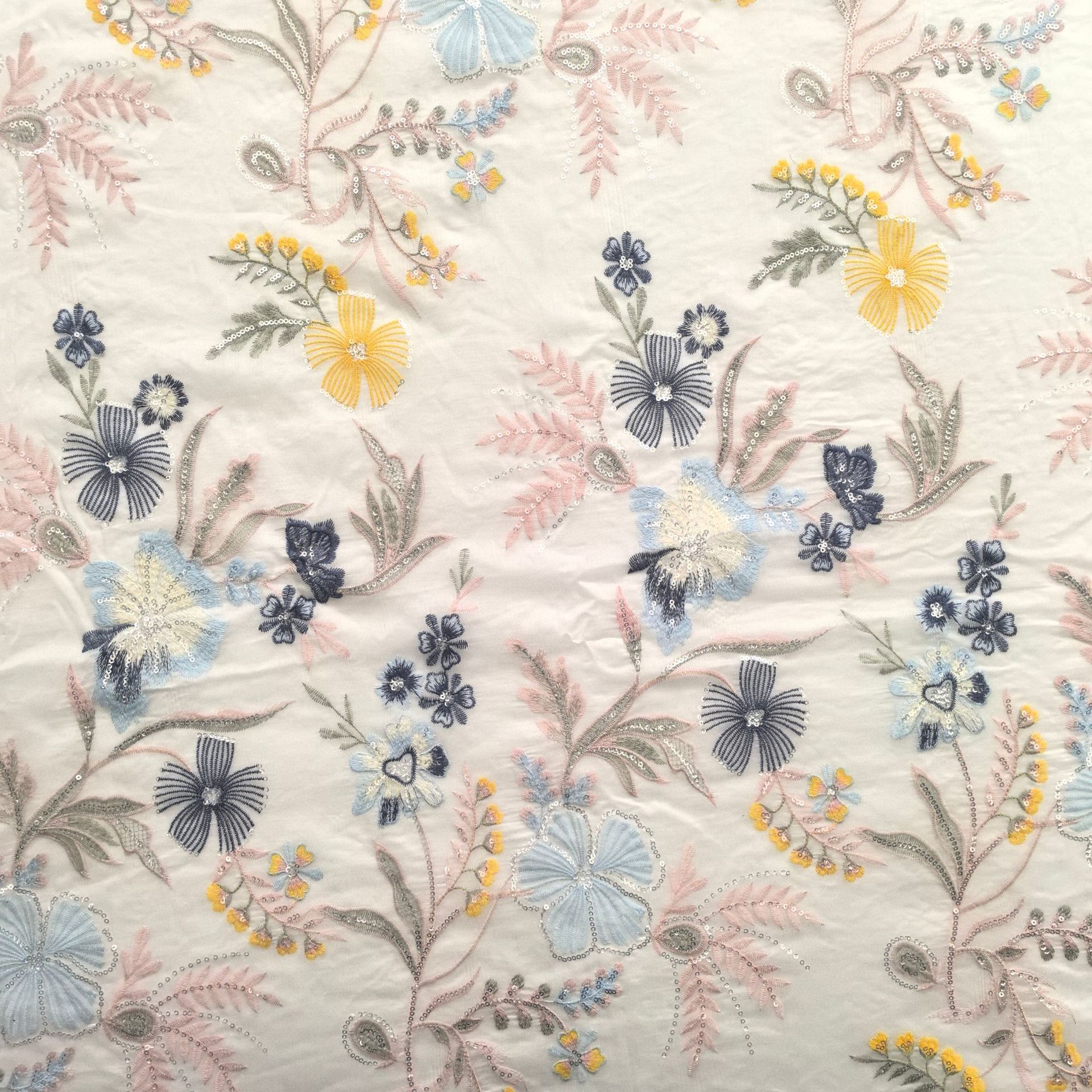 Factory Wholesale Heavy Industry Flower Multicolor Embroidered Fabric silver Sequins Embroidered Lace Fabric Girl Skirt Fabric