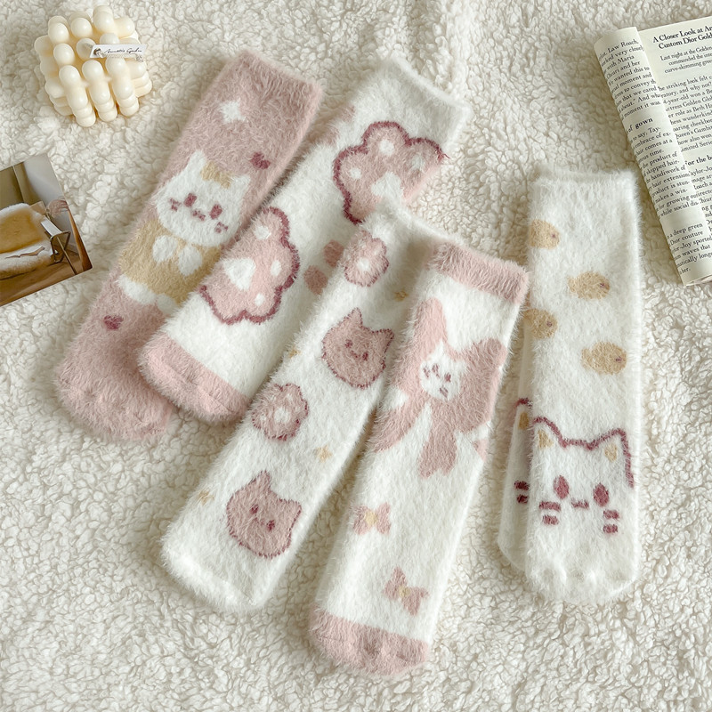 Mink velvet socks women's mid-calf cat home sleep socks floor socks plush socks