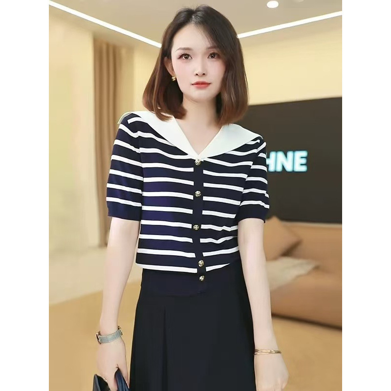 Clearance Stylish Thin Striped Knit Top Summer New Petite Versatile Age-Reducing Slimming Short-Sleeve Top