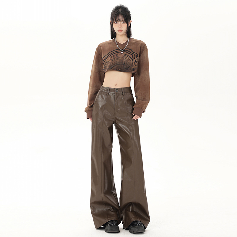 Brown PU leather pants women's autumn and winter 2024 new straight tube loose high waist drape slim casual wide leg floor pants