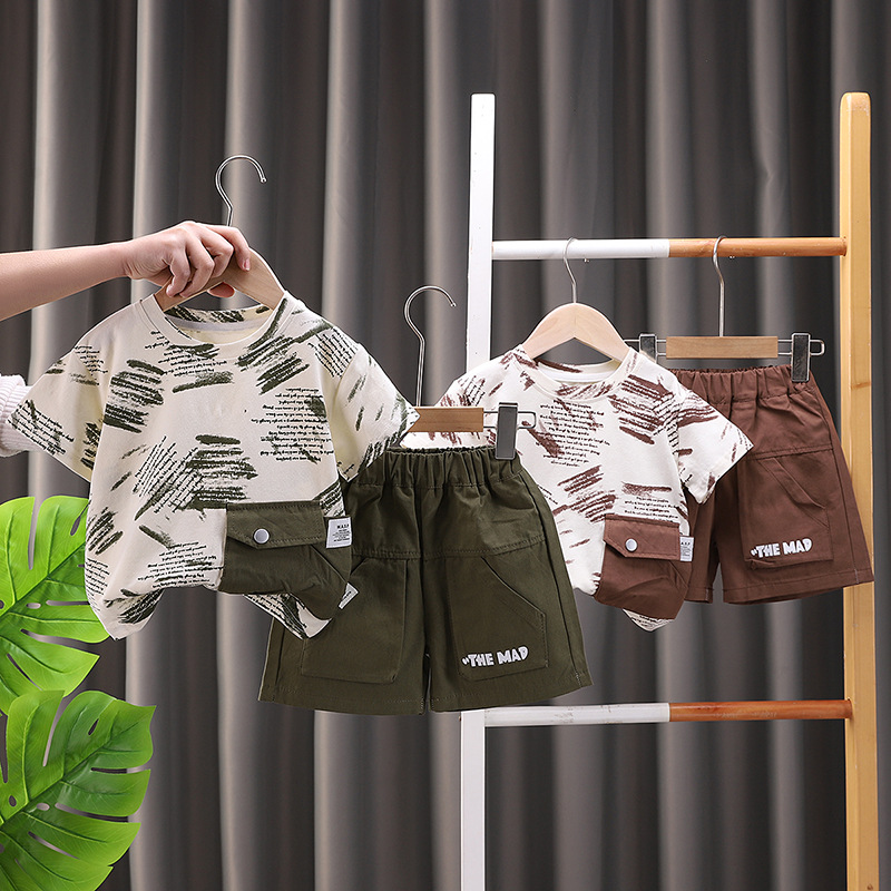 Korean-style summer short-sleeved suit summer boys baby casual vignette letter short-sleeved thin two-piece fashionable direct selling