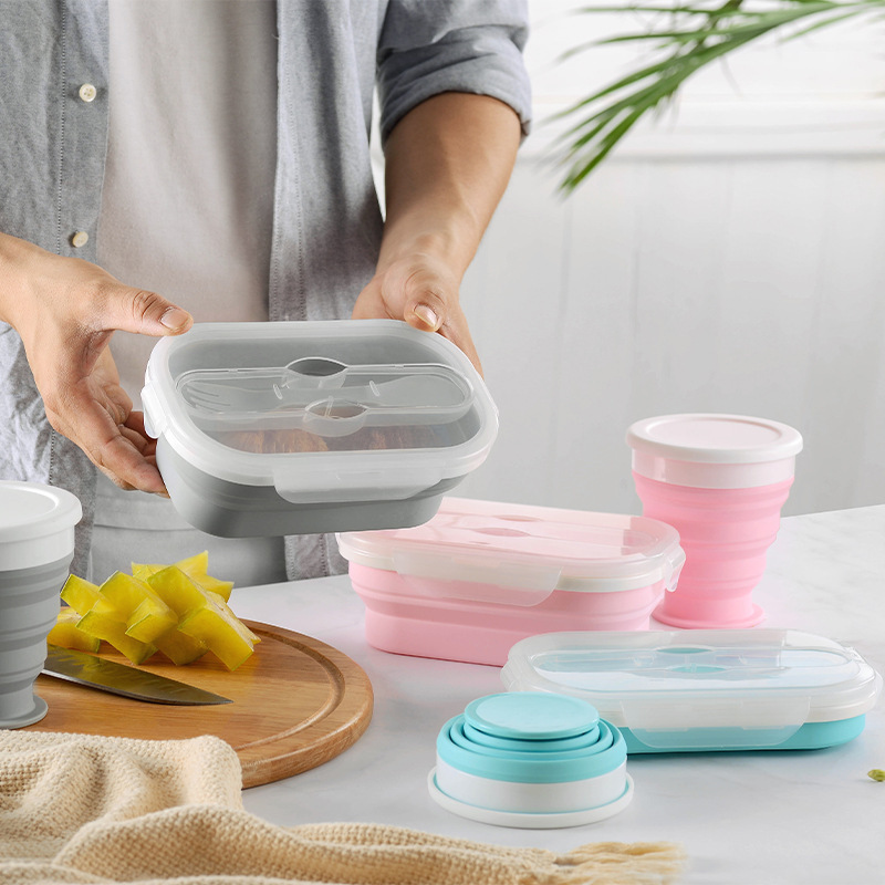 Portable Stretchable Silicone Lunch Box Water Cup Set Easy Storage Foldable Lunch Box Water Cup Two-Piece Set