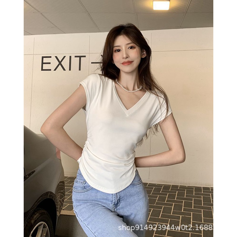 Picture of New Summer Irregular V-neck Shoulder Short-sleeved T-shirt Design Pleated Tight Waist Short High Waist Top Pure Hot Girl
