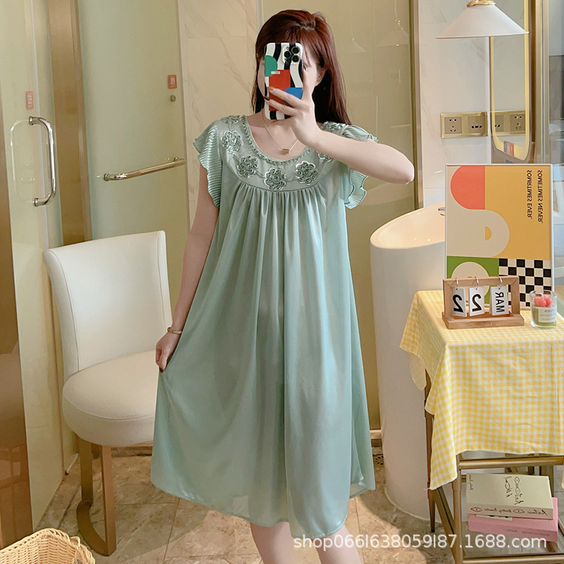 Foreign Trade Cross-border Summer New Short-sleeved Women's Ice Silk Nightgown Summer Sexy Sweet Silk Korean Sweet Home Clothes Women