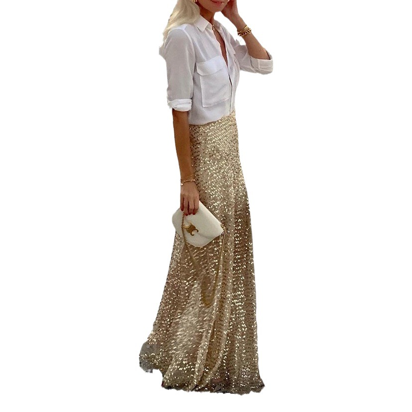 2025 Spring and Autumn Cross-Border European and American Amazon Independent Station Direct Sales Women's Sequined Long Skirt Sequined Skirt