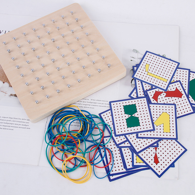 Picture of Wooden Early Education Mathematics Nail Board Geometry with Card Graphics Creative Rubber Band Nail Board Kindergarten Montessori Teaching Aids
