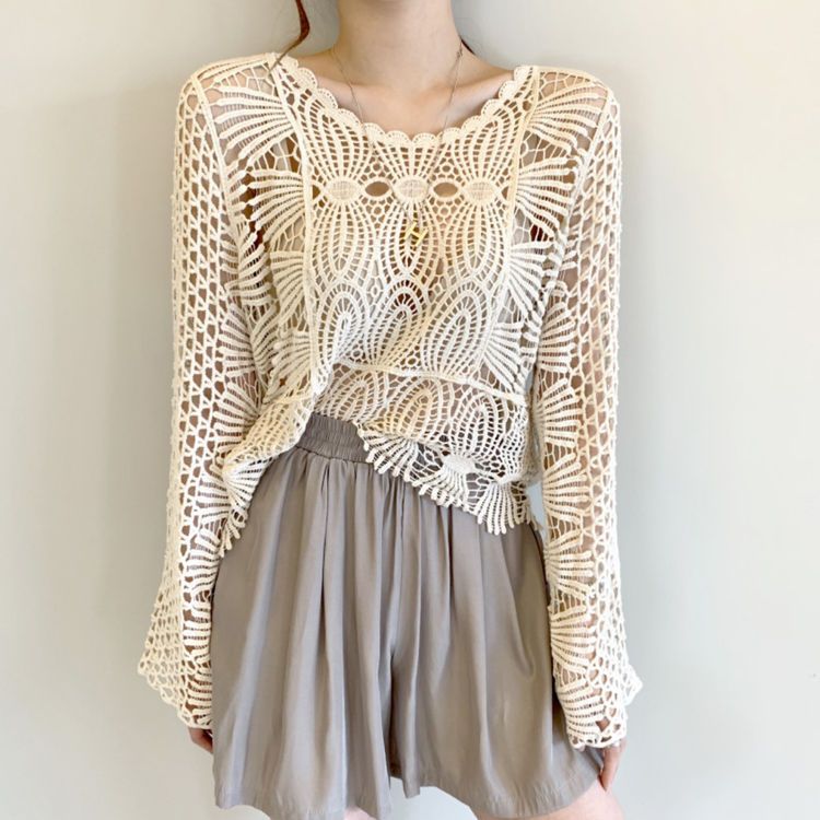 2023 Summer New Season Fresh Sweet Long-sleeved Top Chipped Chiffon Blouse Lace Shirt Fresh Sweet Cute