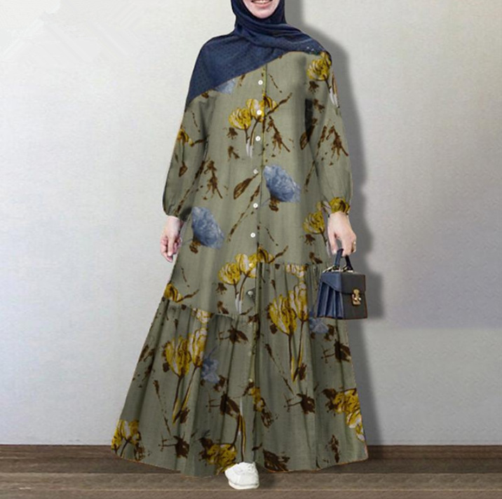 Picture of Muslim Clothing Plus Size Women's Cross-Border Cotton and Linen Long-Sleeved Fashionable Loose Casual Floral Long Dress for Women