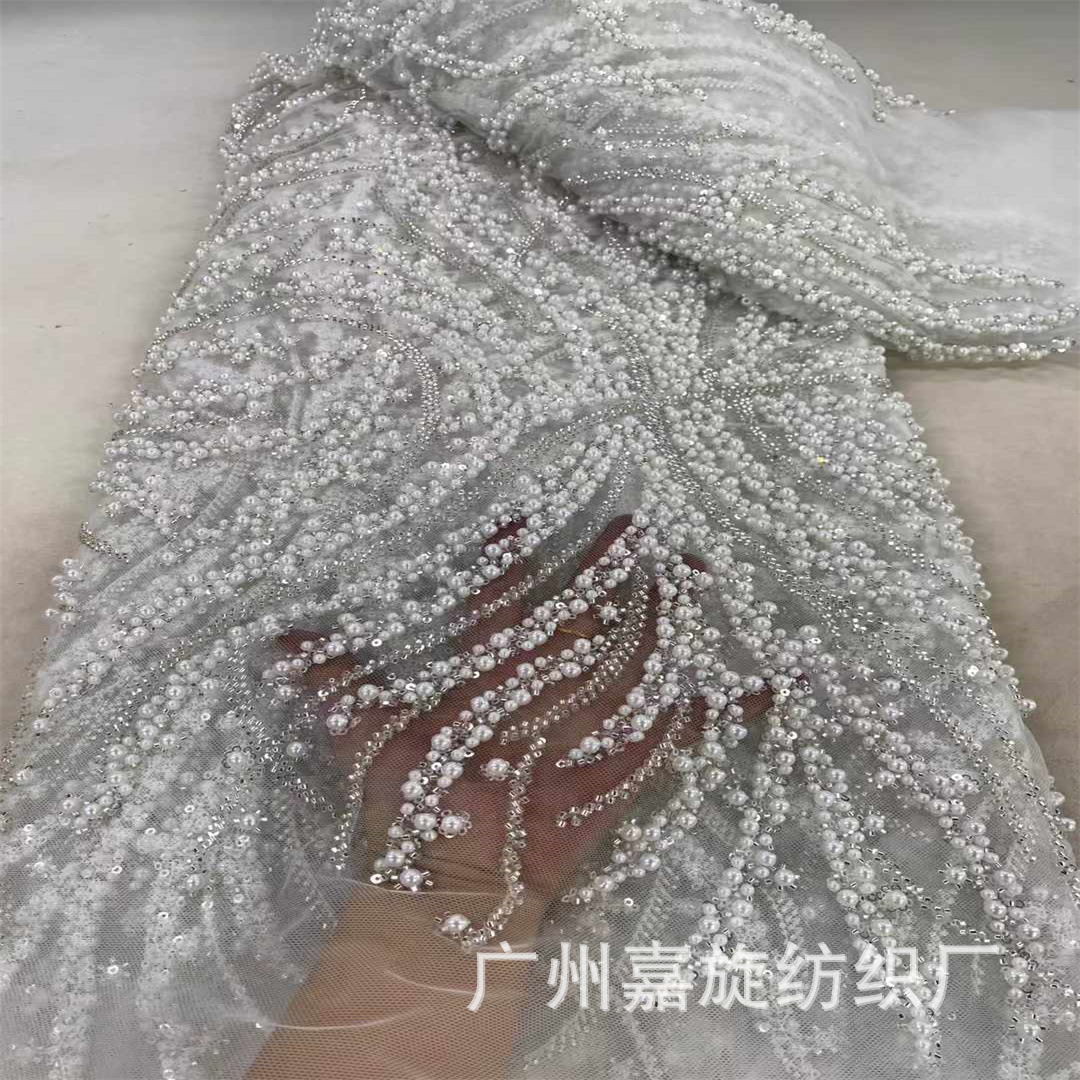 French White Beaded Sequins Lace Fabric Designer DIY Wedding Evening Dress Accessories Wedding Lace