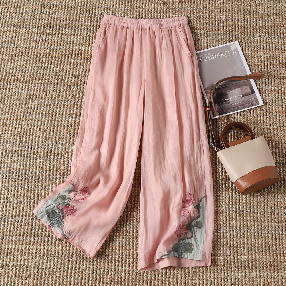 Women's National Style New Summer Chinese Pants Women's Loose Embroidered Casual Pants Vintage Loose Wide Leg Pants