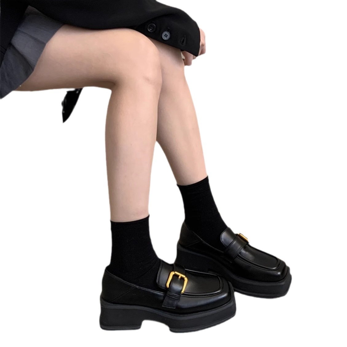 Speeding Height-Increasing Thick-Soled Loafers for Women, 2025 Spring Vintage Square-Toe Chunky Heel Small Leather Shoes for Women, British Style