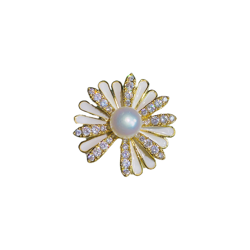 Picture of [DIY accessories] copper gold-plated zircon Daisy sunflower stab pin brooch collar pin 7-8mm Pearl chest receptacle