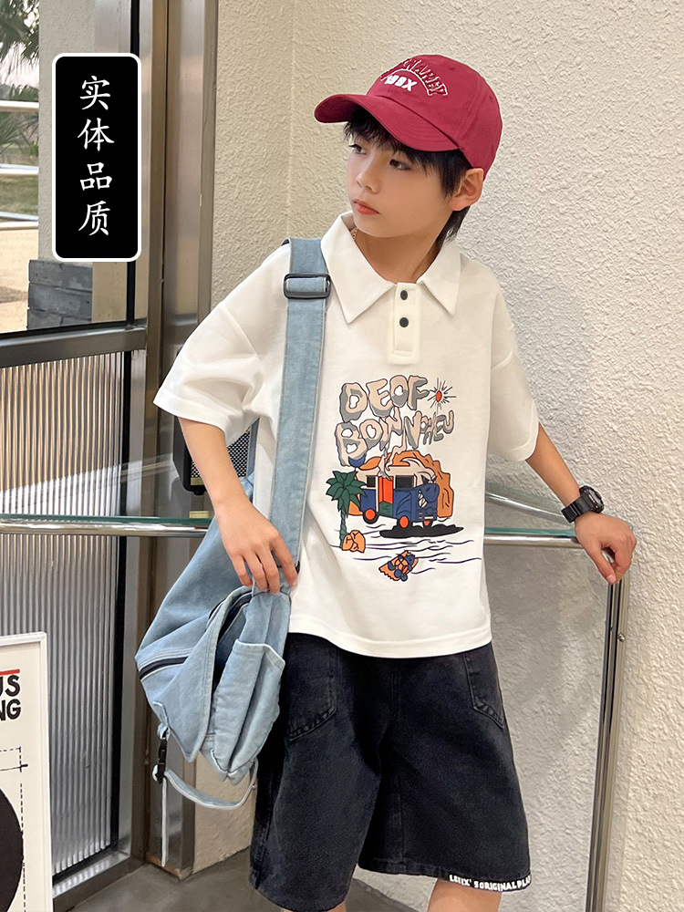 Picture of 100% boys' polo shirt monster RV T-shirt 2023 new medium and large Children primary and secondary school boys trendy cool