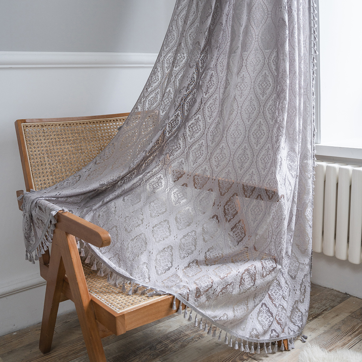 Yiman Qiyun Curtain Finished Grey Crochet Light Transmission American Country Hollow Living Room Balcony Bedroom Bay Window Art