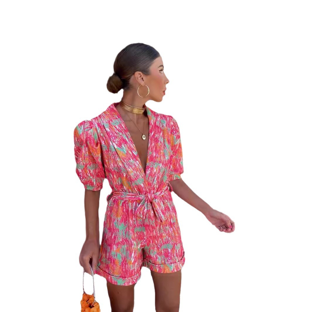 Picture of 2023 Independent Station New Printed Short-sleeved V-neck Lace-up Pants