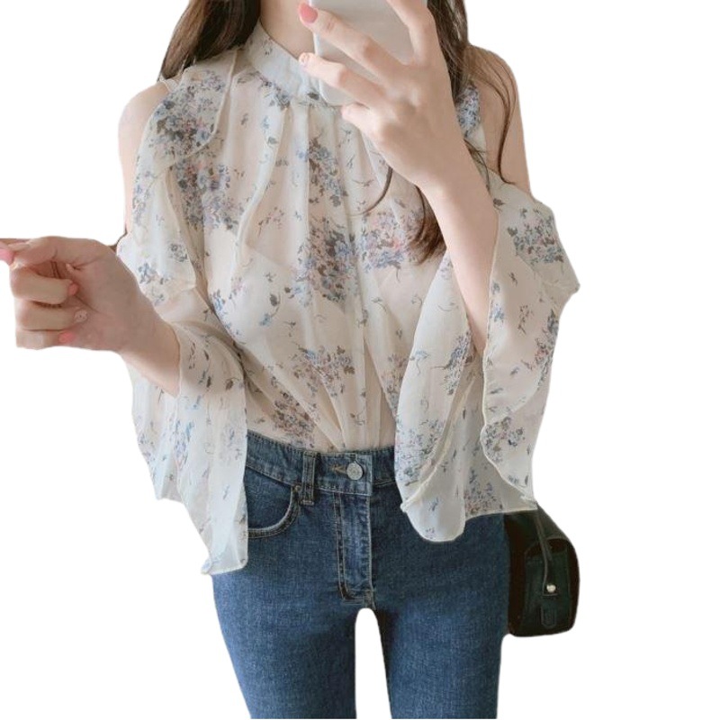 Picture of 2025 Spring/Summer New Korean Fashion Off-Shoulder Lady Print Flared Long-Sleeve Chiffon Blouse Women's Shirt