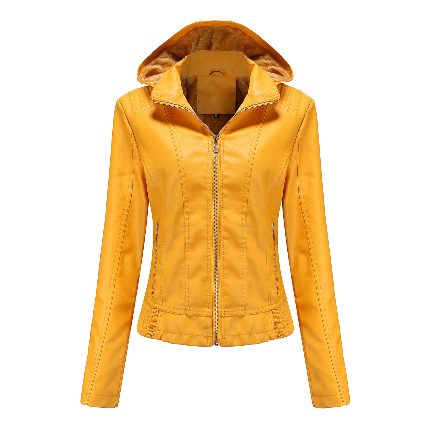 Picture of Fall 2022 Winter Hooded Leather Women's Removable Hat Zipper Long-sleeved fleece-lined Leather Jacket European-size Slim-fit Jacket Cross-border