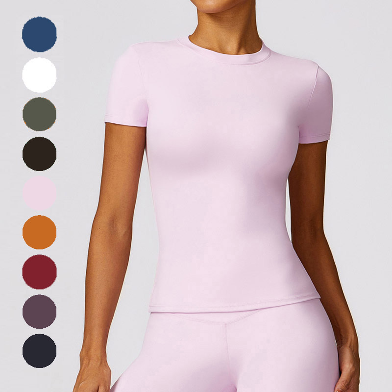 European and American Sanding Quick-drying Short-sleeved T-shirt Yoga Clothing Women's Summer Fitness Top Outdoor Slim-fit Crewneck Running Sportswear