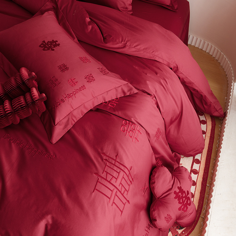 Picture of Baixi new Chinese wedding long-staple cotton satin wedding four-piece cotton cotton embroidered red bedding