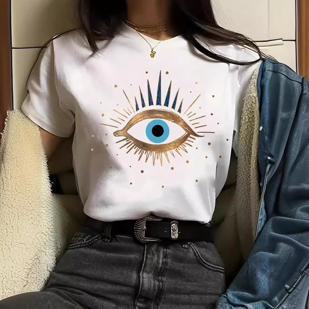 Cross-Border Spot Women's Summer T-Shirt Printed Fashion Casual Cute Short-Sleeved Women's Eye Printed Short-Sleeved T-Shirt