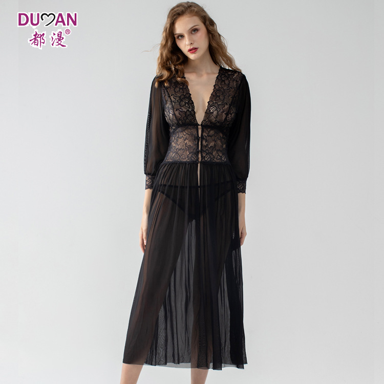 Mysterious black sexy lace nightdress woman can wear a long see-through erotic robe T-pants set manufacturer wholesale
