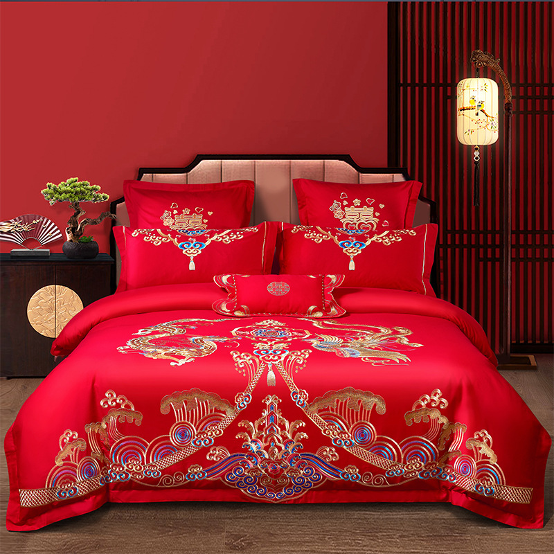 Picture of Wedding Four-Piece Set Embroidered Wedding Pure Cotton Bright Red Wedding Room Embroidered Bedding Quilt Bedding