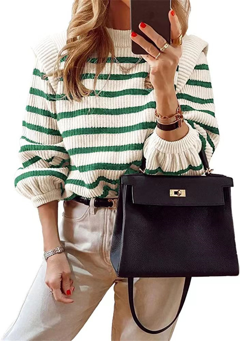 Picture of Aliexpress New 2025 Women's Fashion Striped Round Neck Puff Sleeve Sexy Knitted Sweater