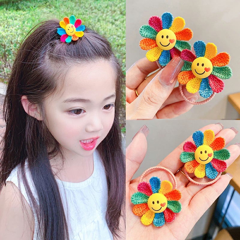 Colorful Sunflower Hairpin Children's Cute Cartoon Smiley High Elastic Headwear Women's Hair Flower Knitted Hair Accessories