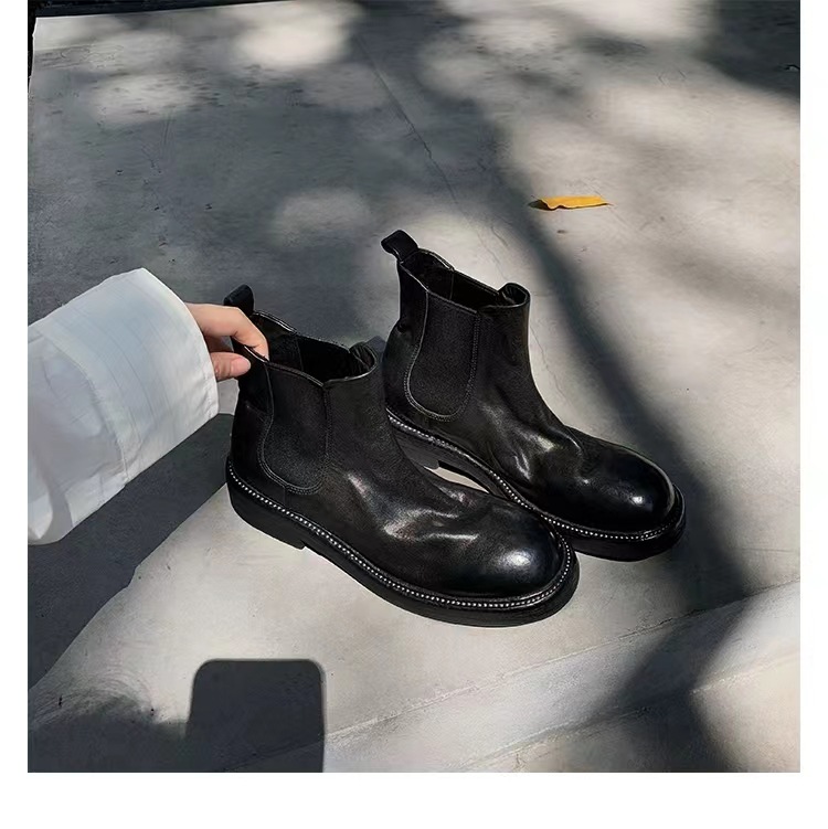 Grape Mom Same Washed Horse Leather Pleated Boots Thick Heel Stretch Boots Chelsea Short Boots Women's Autumn and Winter