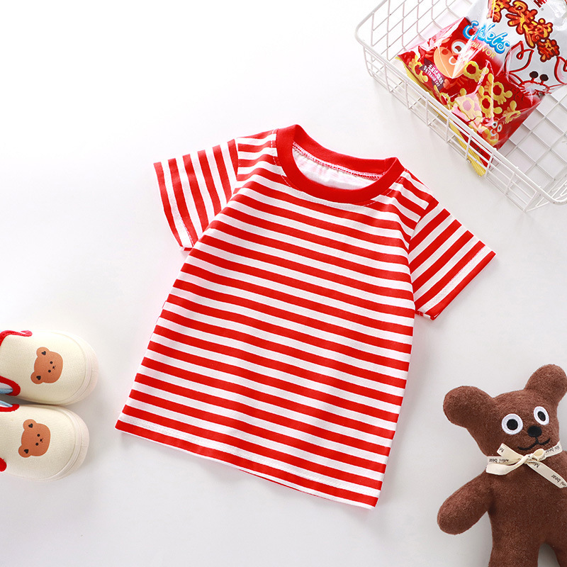 Picture of New children's T-shirt summer short sleeve cotton boys and girls single baby base shirt manufacturers wholesale stripes