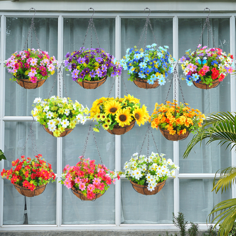 Picture of Hong Kong Love Spring Simulation Flower Hanging Basket Bow Hanging Basket Wreath Home Flower Iron Hanging Basin Decoration