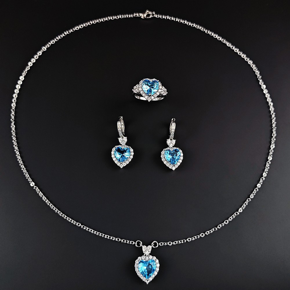 Europe and the United States cross-border foreign trade new trend blue zircon ocean heart pendant ring earrings suit female j7531