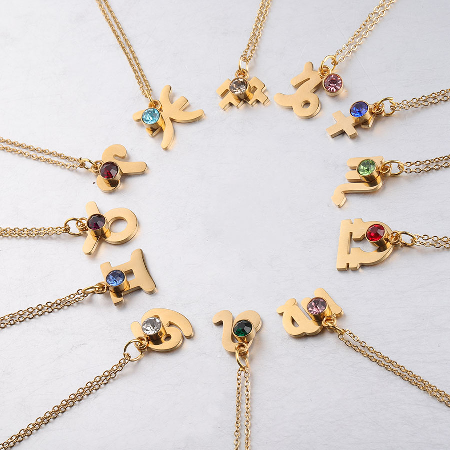 Picture of Golden Twelve Constellation Necklace Lucky Birthstone Birthstone Necklace European and American Constellation Necklace Stainless Steel Jewelry