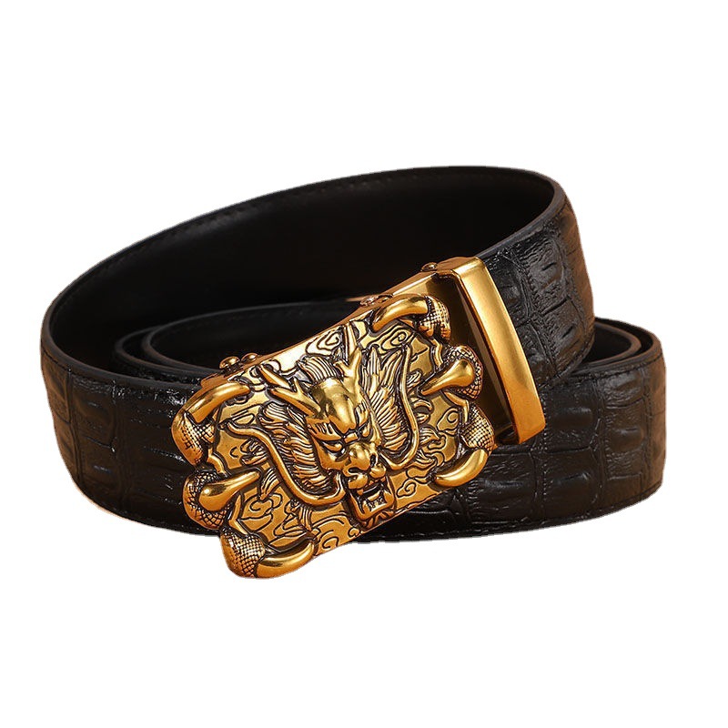 Long Cowhide Belt Men's Automatic Buckle Genuine Leather Men's Bronze Buckle Faucet Young and Middle-aged Business Casual Pants Belt