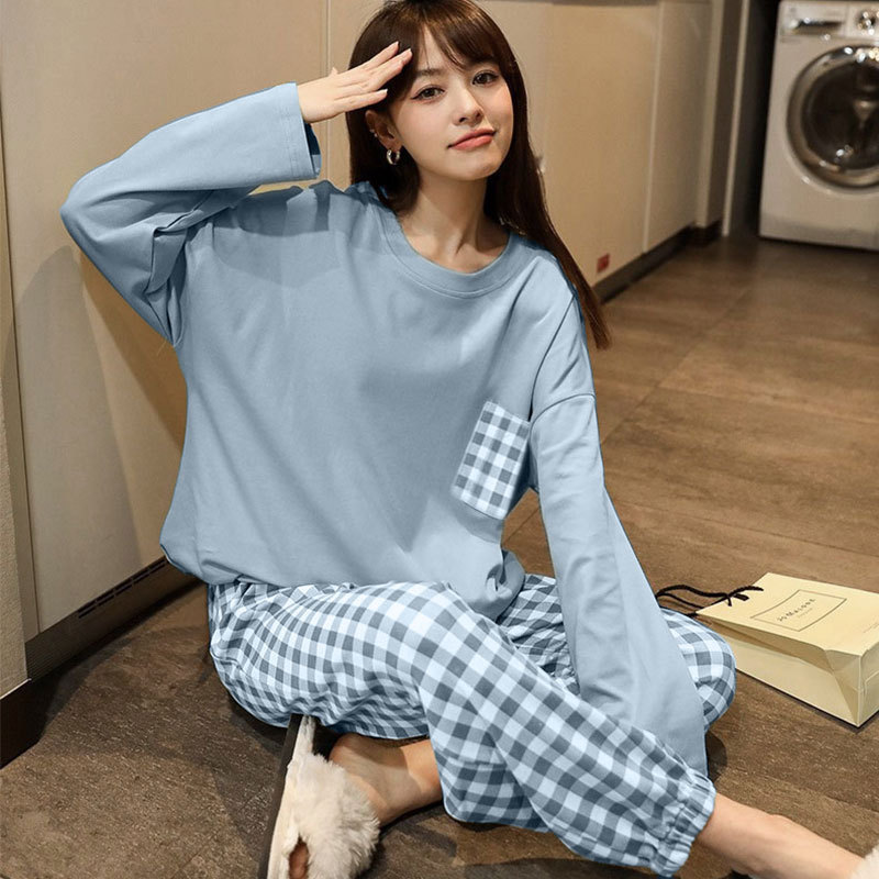 Plaid spring and autumn pajamas women's long sleeve ins Korean style cute cartoon trousers sweet plus size homewear suit