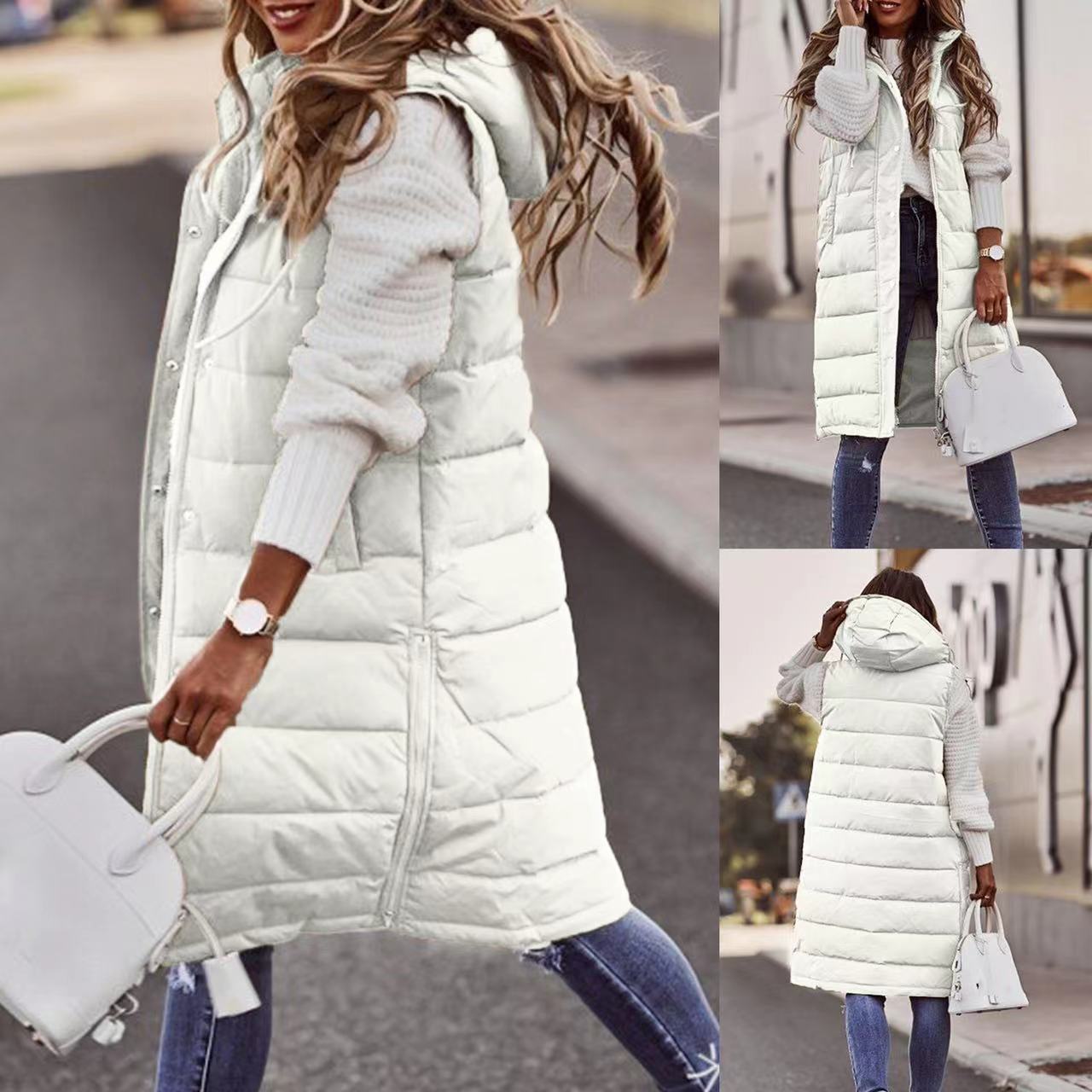 Sleeveless hooded long cotton jacketSleeveless hooded long vest cotton suit winter