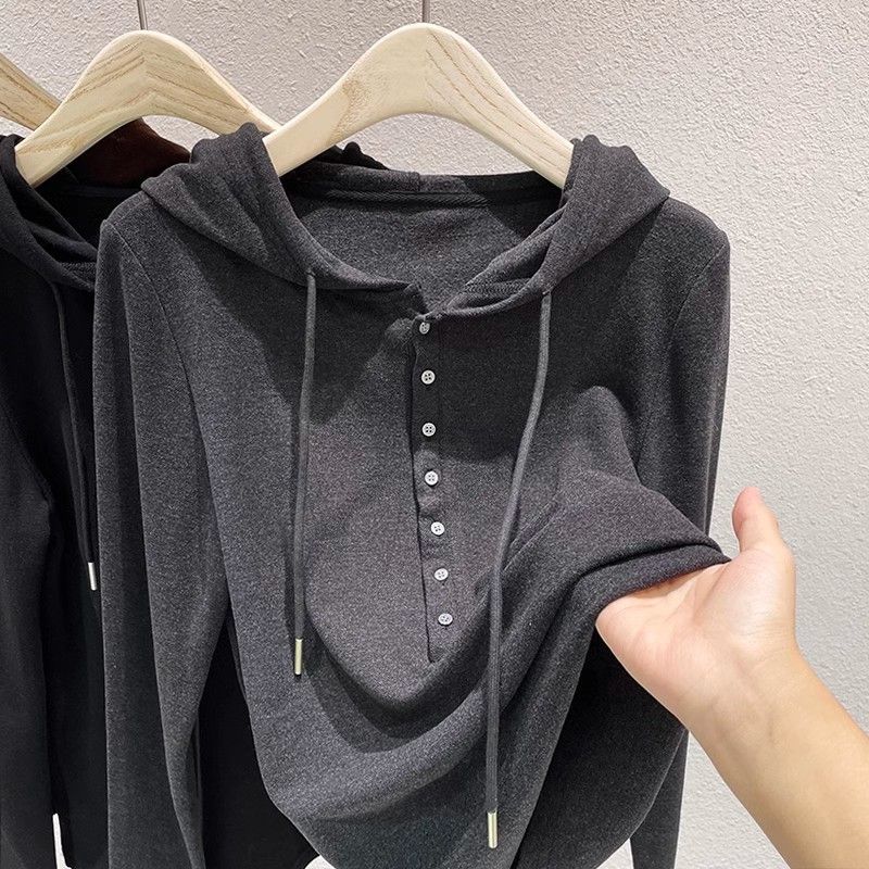 Super soft waxy double-sided velvet hooded long sleeve fleece-lined warm bottoming shirt autumn and winter new western style small shirt all-match top