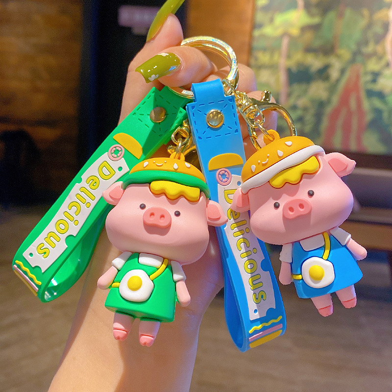 Creative Hamburger Helmet Piggy Keychain Pendant Cute Couple Car Key Chain School Bag Hanging Gifts Wholesale