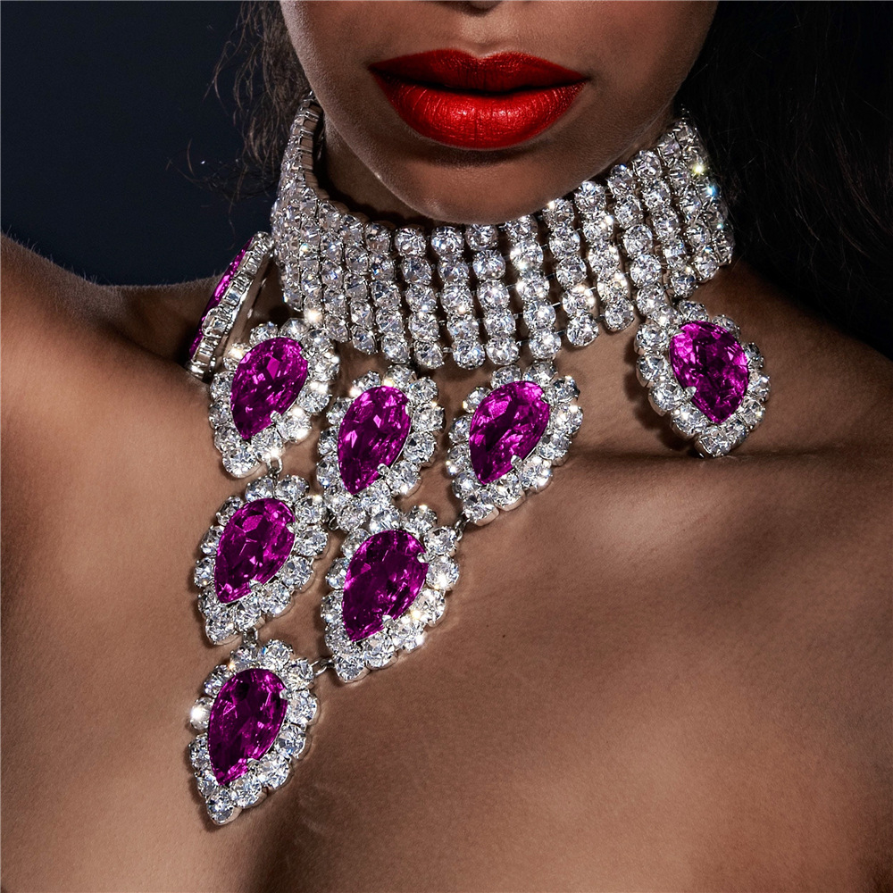 European and American Exaggerated Clavicle Chain Accessories Fashion Luxury Multi-Row Purple Rhinestone Water Drop Pendant necklace