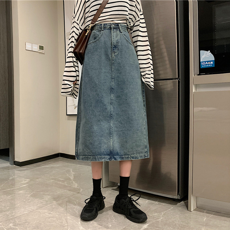 Denim Skirt Skirt Women's Mid-length Skirt New Spring and Autumn Korean Style High Waist Small Size Retro A- line Skirt Trendy