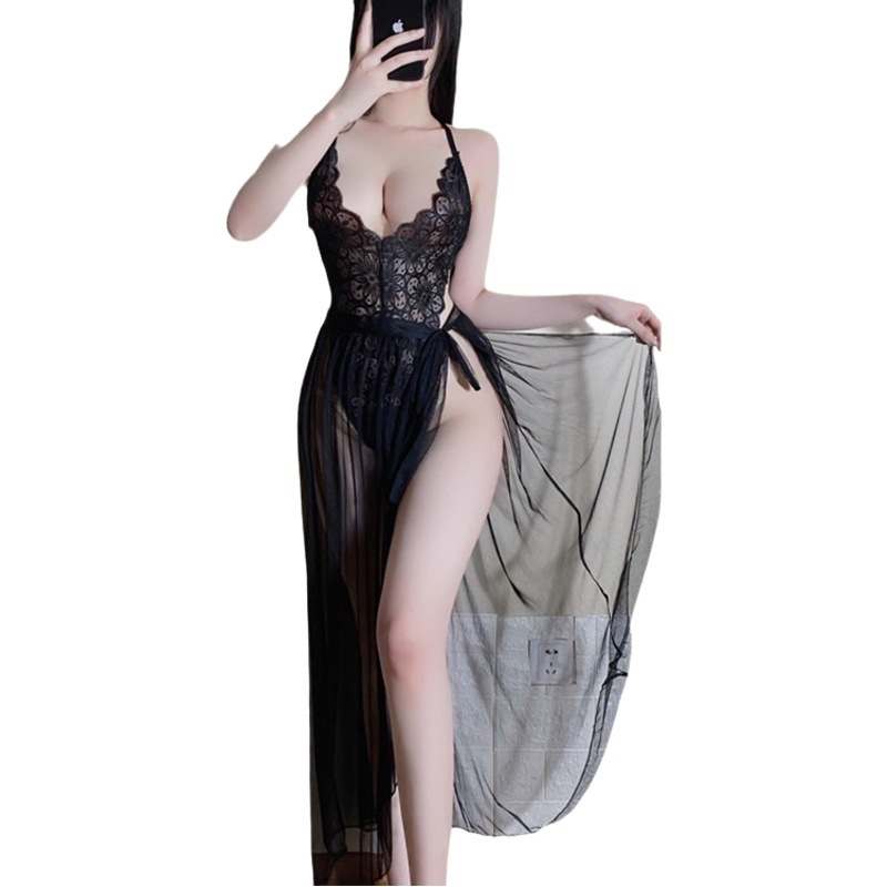 Mu Xiaochu Sexy Lingerie Women's Sexy Lace Jumpsuit Perspective Mesh Nightdress Three-point Halter Set