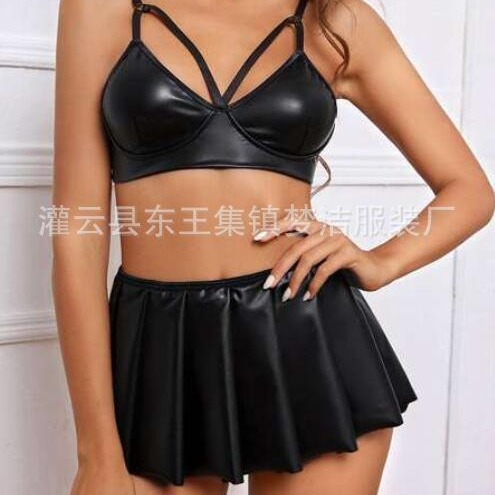 European and American new sexy lingerie black patent leather sexy bra short skirt two-piece set 1002