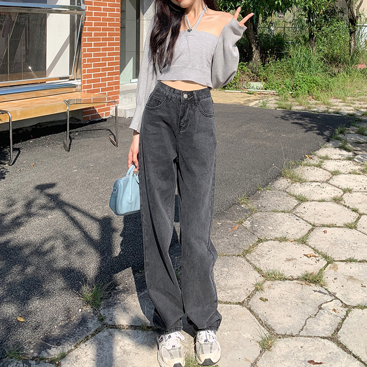 High Waist Jeans Women's Early Autumn Hong Kong Style New Loose Lazy Style Wide Leg Pants Slimming Simple Straight Pants Trendy